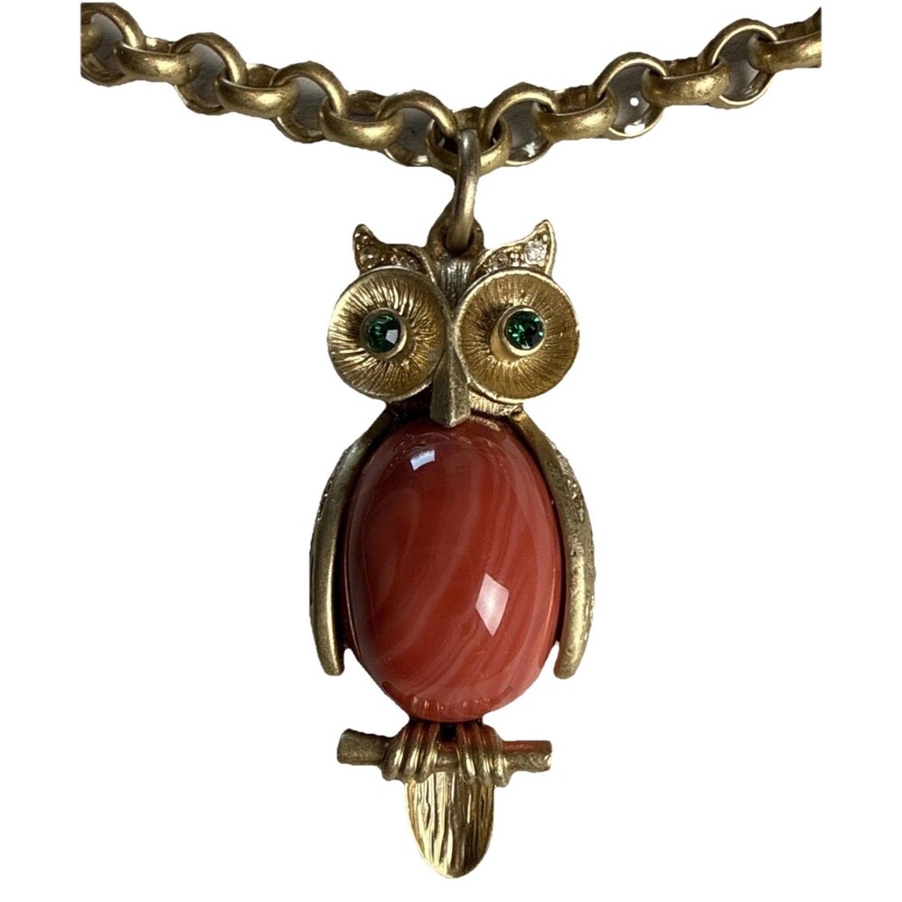 VTG Stella &‎ Dot Art Glass Owl Jeweled Eyes & Ears Gold Tone Pendant & Necklace